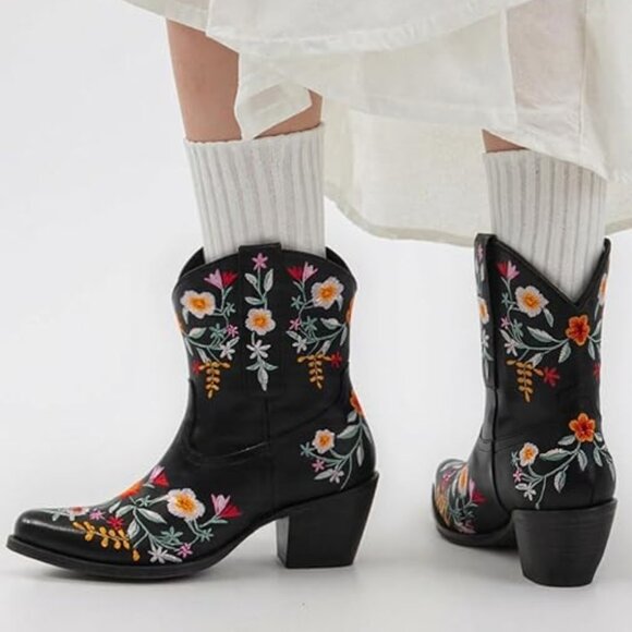 Women's Flower Embroidered Ankle Cowgirl Boots Floral Snip Square Toe Western - Picture 2 of 5